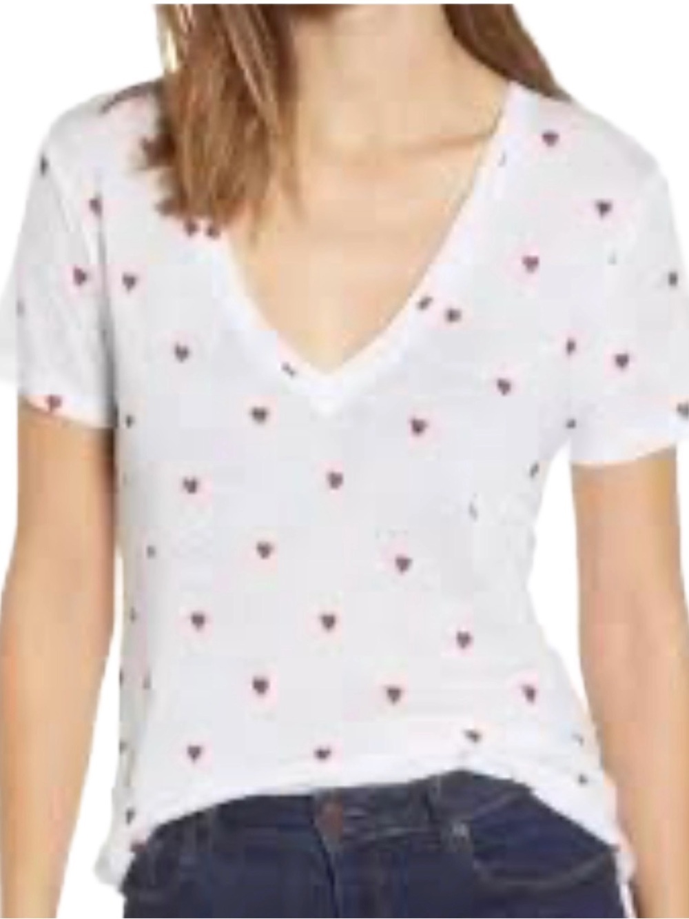 Rails Cara White Linen Blend Red Hearts Print V Neck Short Sleeve Sz L NWOT